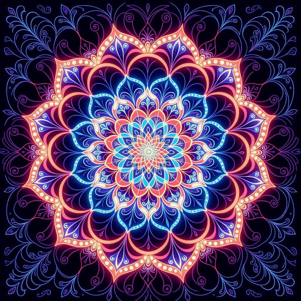 Luminous Floral Mandala Spiral in Psychedelic Digital Art St...