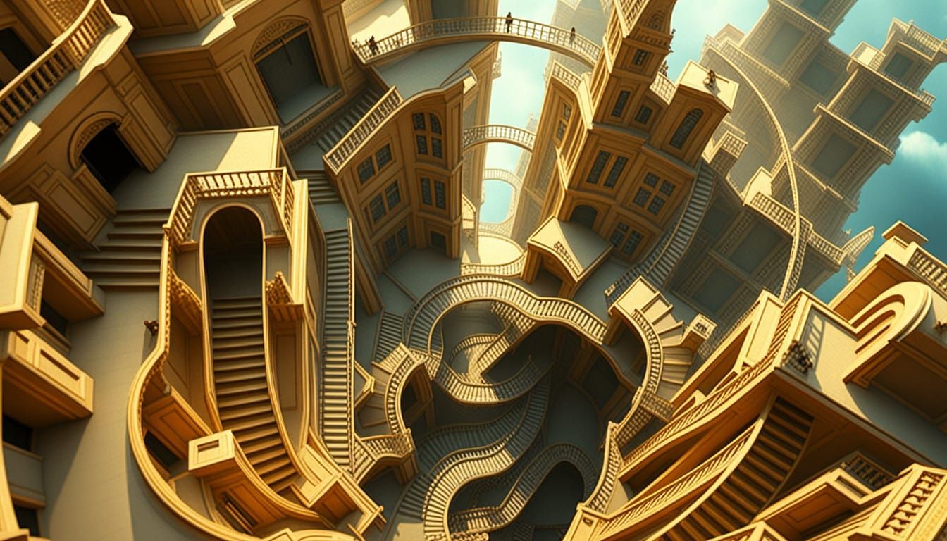 Flying Women in Infinite Escher-Inspired Cityscape