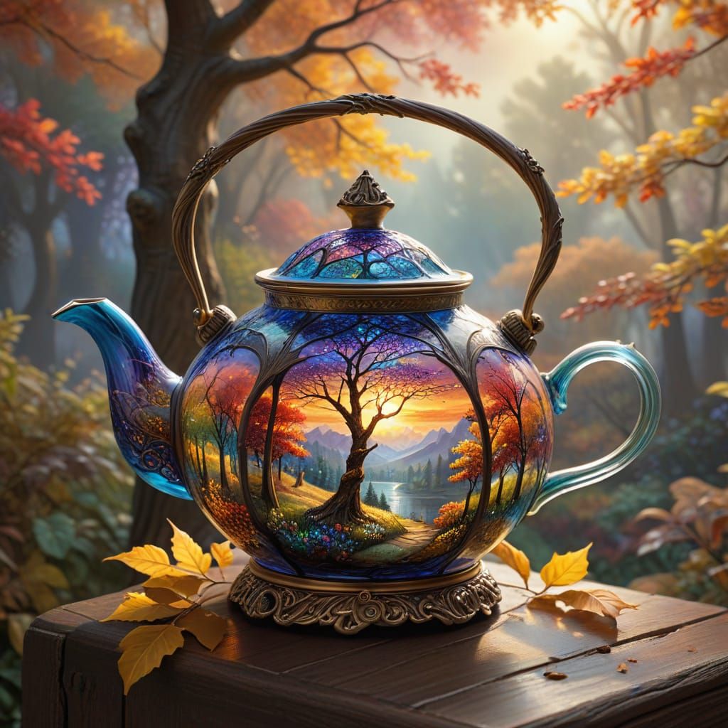 Glass Teapot with Fall Landscape on Nordic Night, Louis Comf...