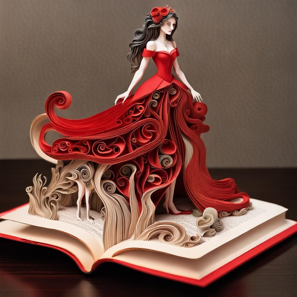 Woman in Red Dress: Intricate Storybook Illustration