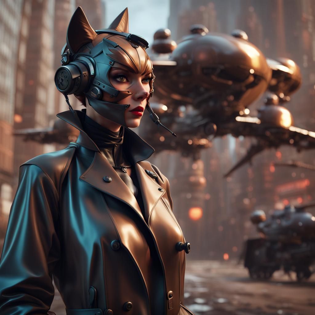 Catgirl in Trenchcoat: Detailed Fantasy Concept Art