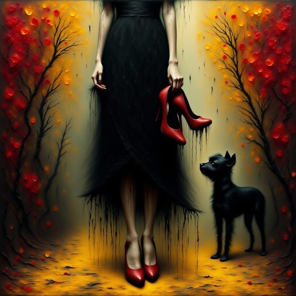 Gothic Portrait: Woman Holding Red Heels on Yellow Brick Roa...