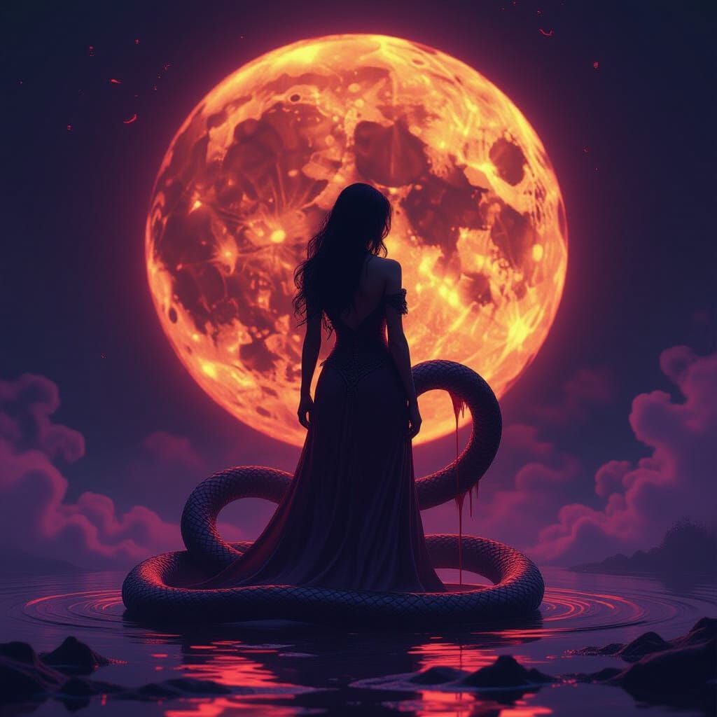 Dark Fantasy Woman Under Blood Moon with Snake