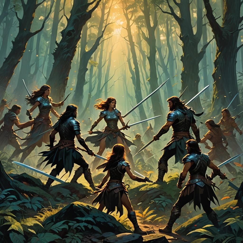 Epic Sword Fight in Mystical Forest: Fantasy Art