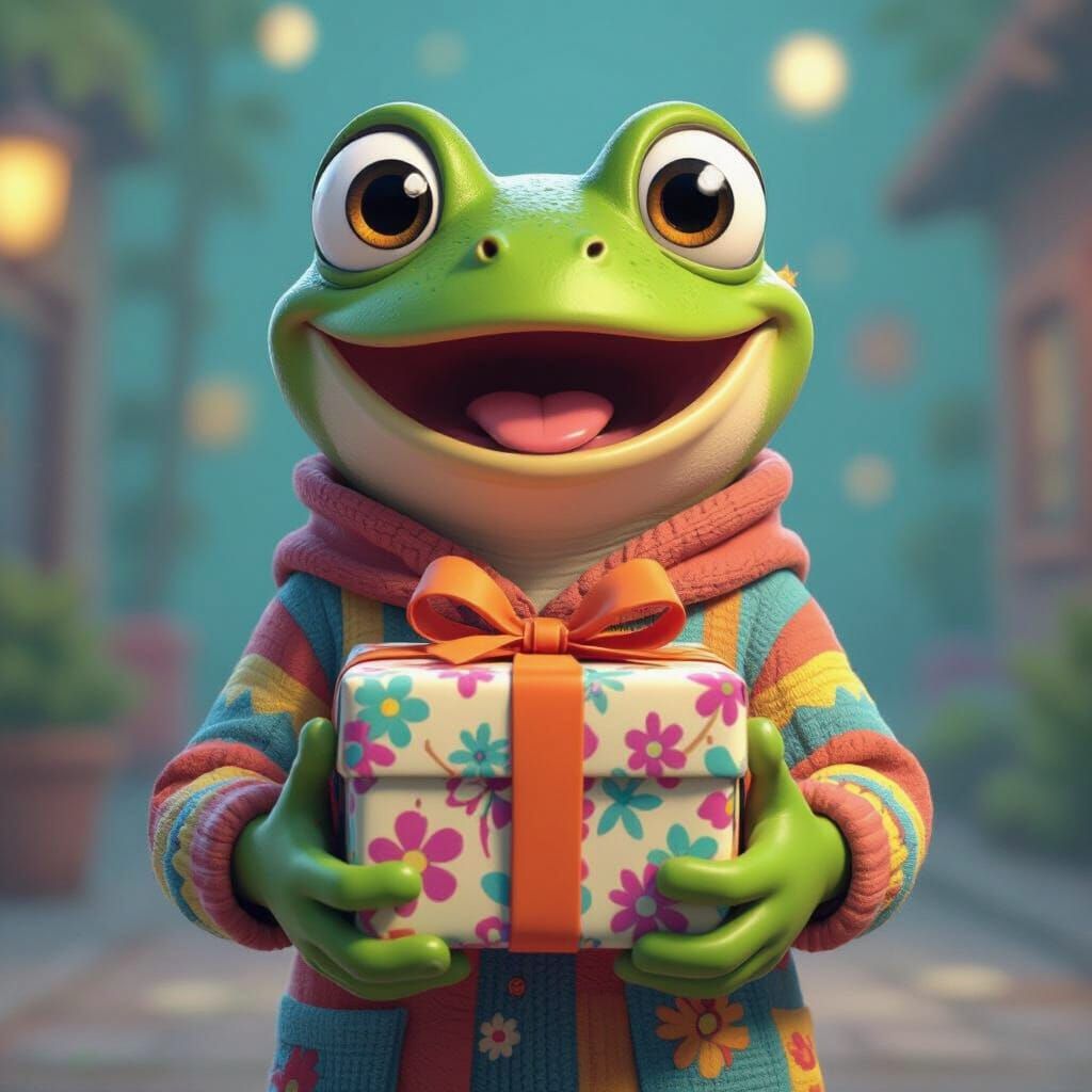Surprised Frog Receives a Gift in Cartoon Style