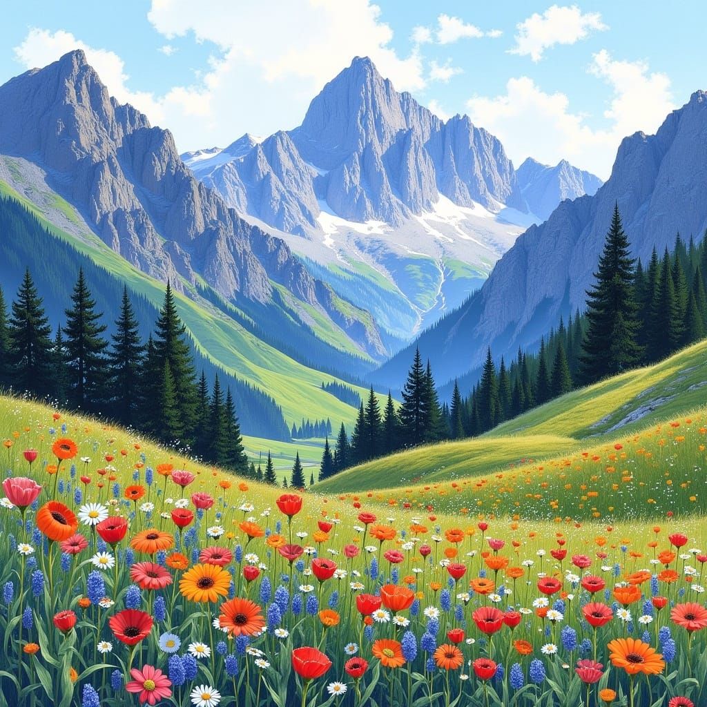 Alpine Flowers in Mountain Landscape, Gouache Style