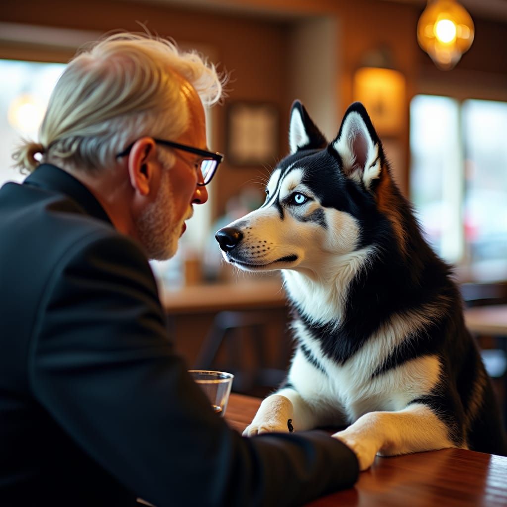 Siberian Husky Chatting at a Bar