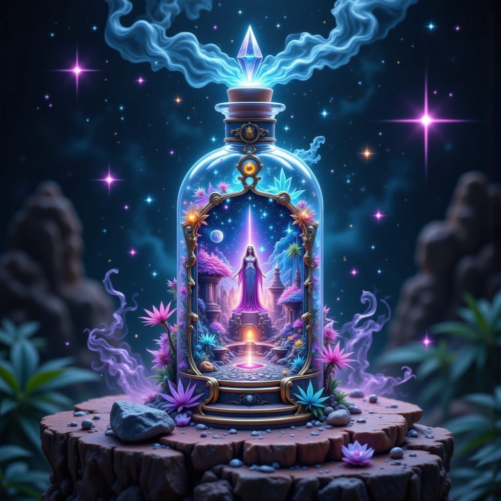 Miniature Cannabis Utopia in Alchemical Bottle