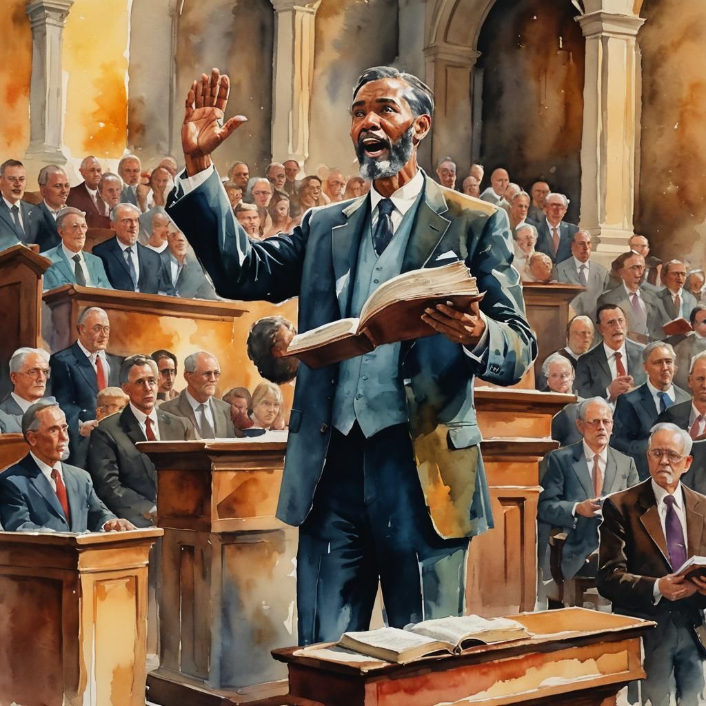 Passionate Preacher in Gouache-Style Watercolor Museum Piece