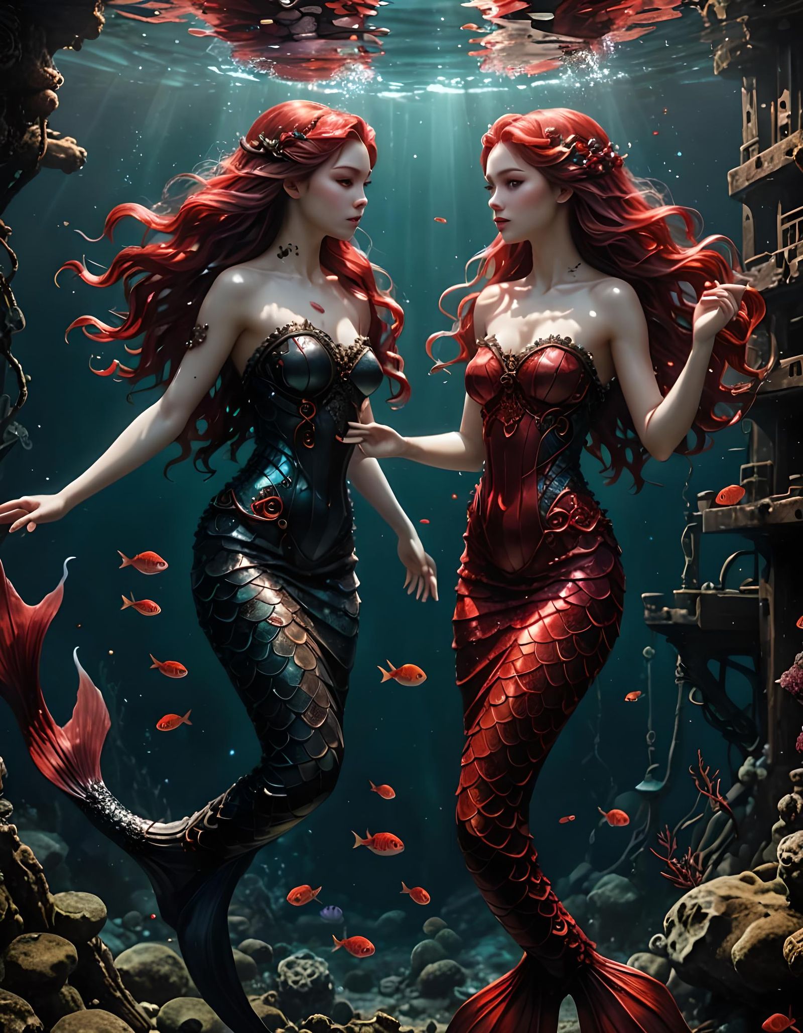 Twin Mermaids Exploring Sunken Ship in Glassigami Style