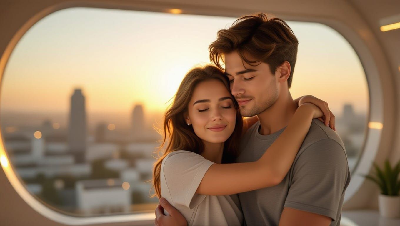 Handsome Young Lovers Share Tender Moment in Futuristic Apar...