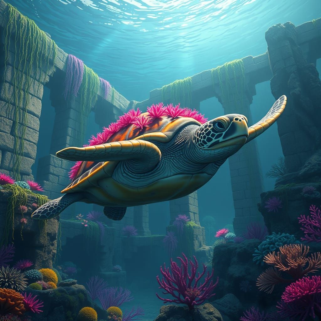 Mystical Sea Turtle Amidst Underwater Ruins