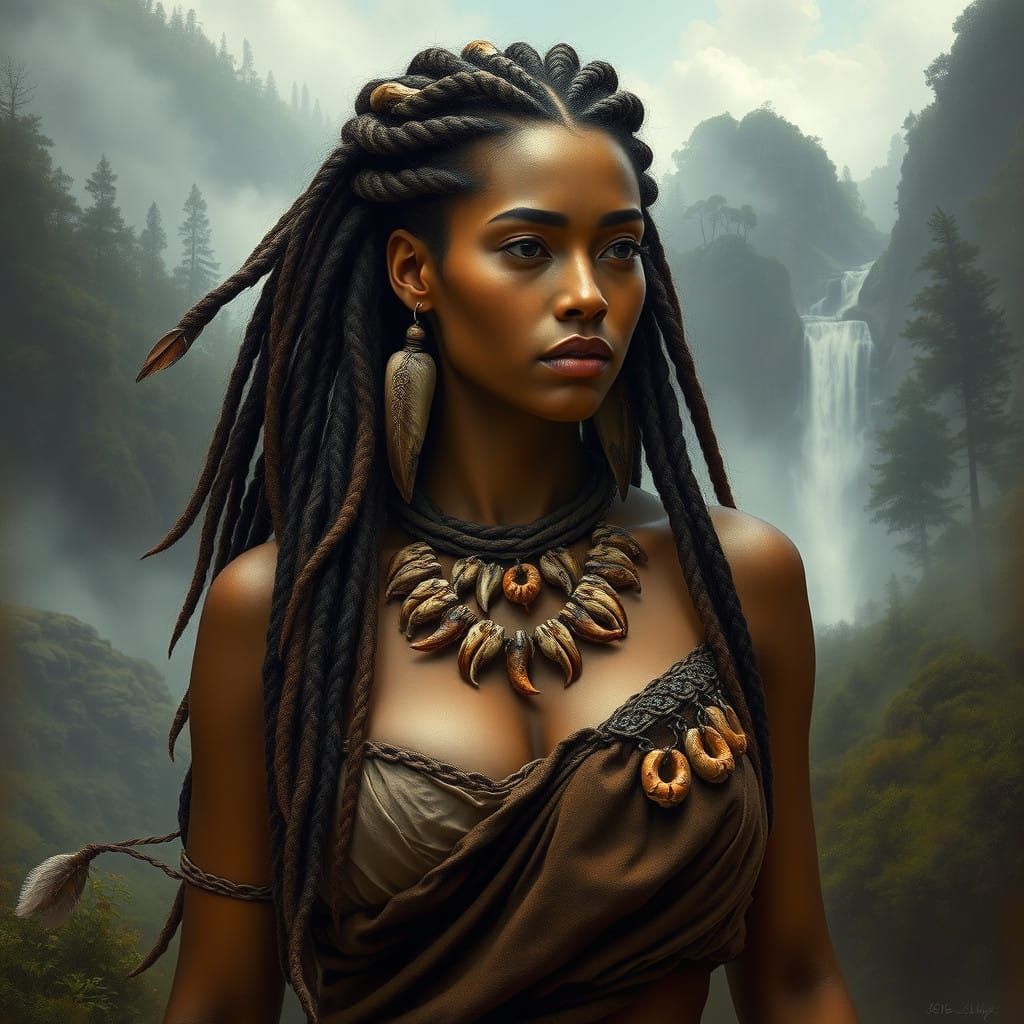 Beautiful woman dressed in 20000 B.C. fashion and wearing hairstyle 20000 B.C., prehistoric