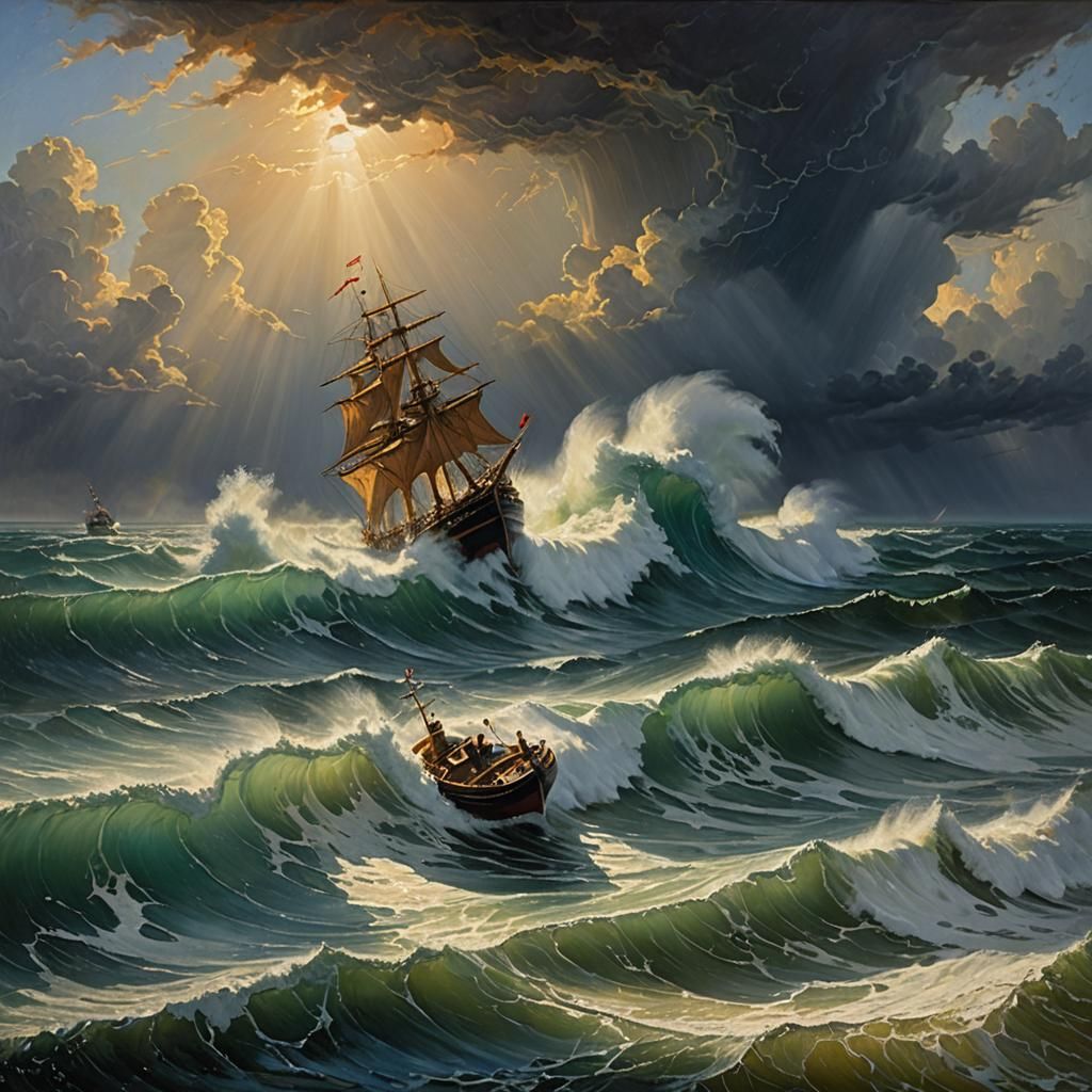 Ship in Stormy Seas, Oil Painting Style