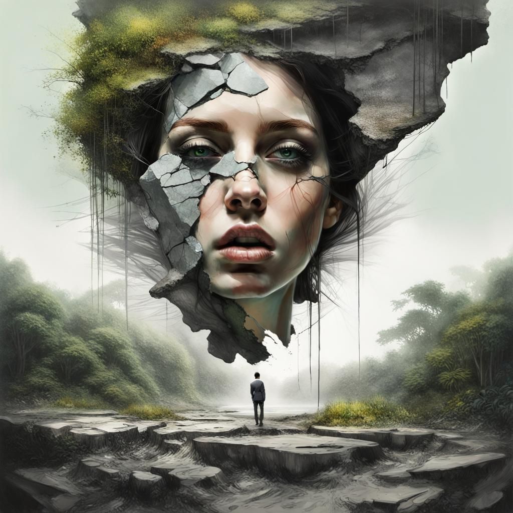 Stone Face Double Exposure in Graphite and Sand