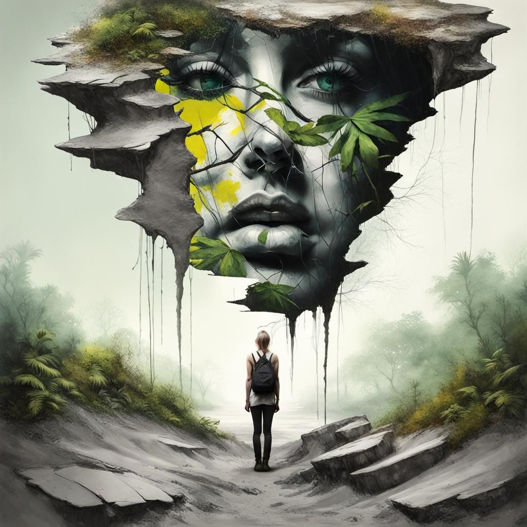 Surreal Stone Face in Jungle, Double Exposure Art