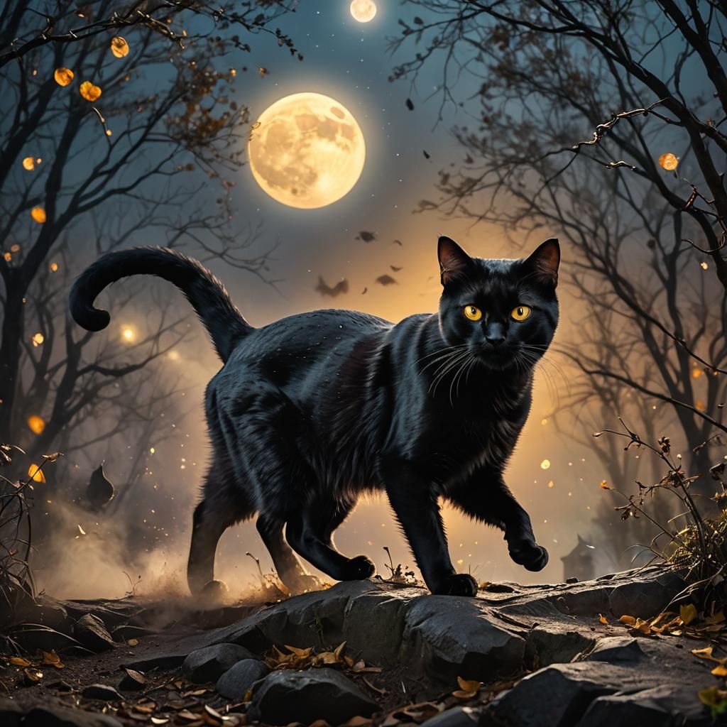 A black cat crossing in front of a full moon, embodying the ...
