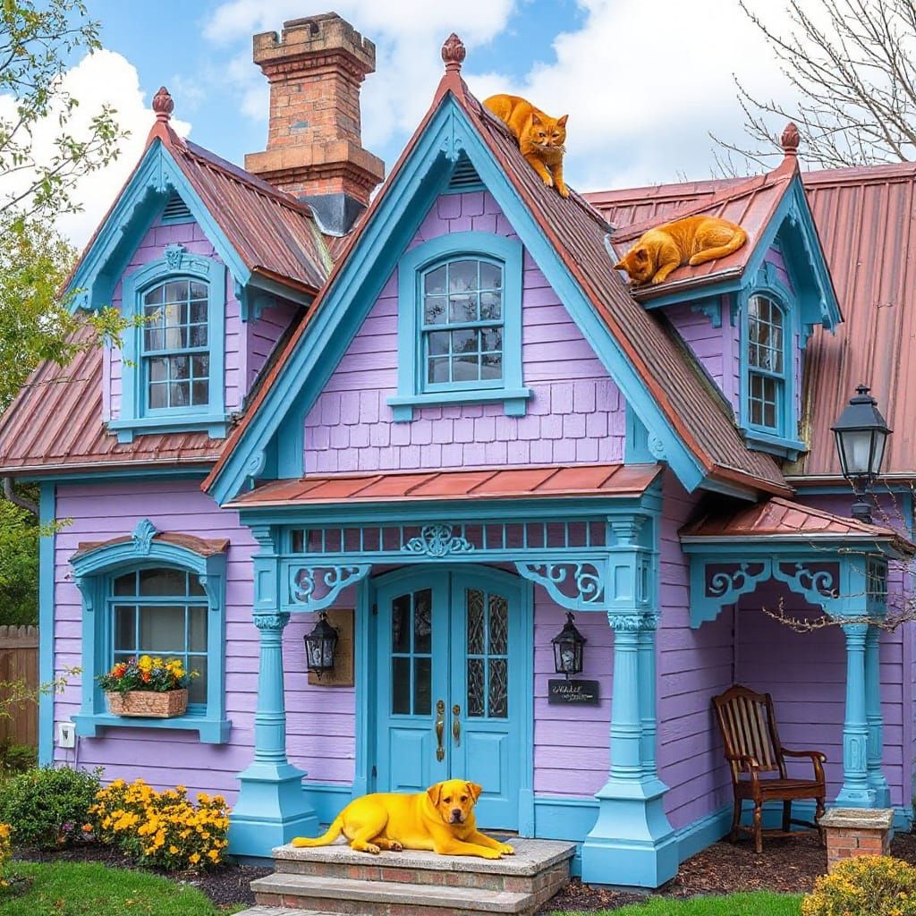 Whimsical Lavender House with Pets in Fantasy Style