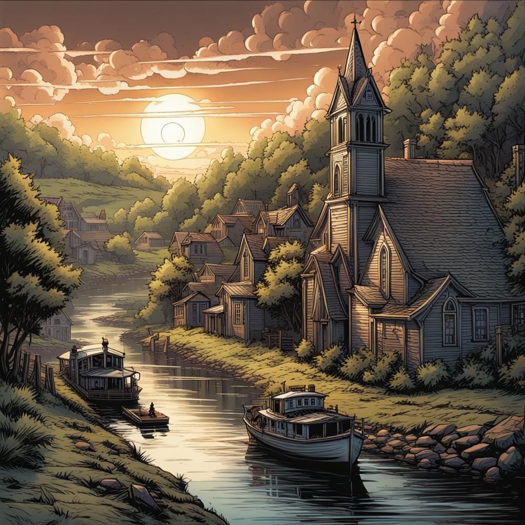 River Town Church in Comic Book Art Style