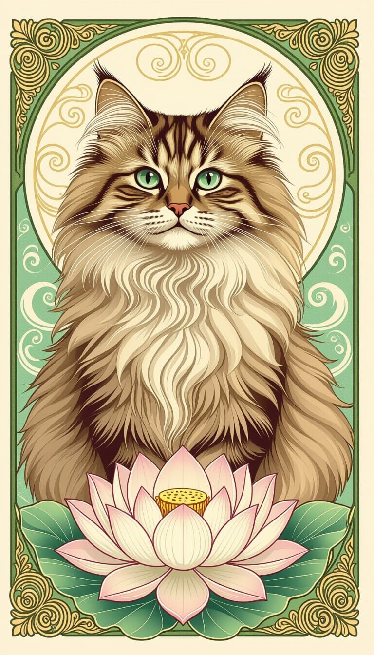 Fluffy Cat in Ornate 1960s Postcard Style