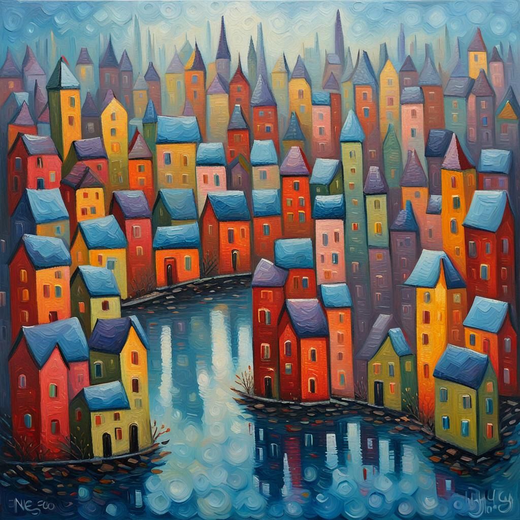 Abstract Macro Cityscape in Neo-Impressionist Style