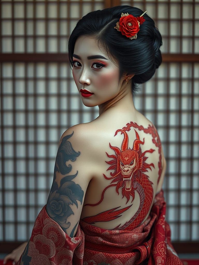 Geisha with Dragon Tattoo in Hyperrealistic Style