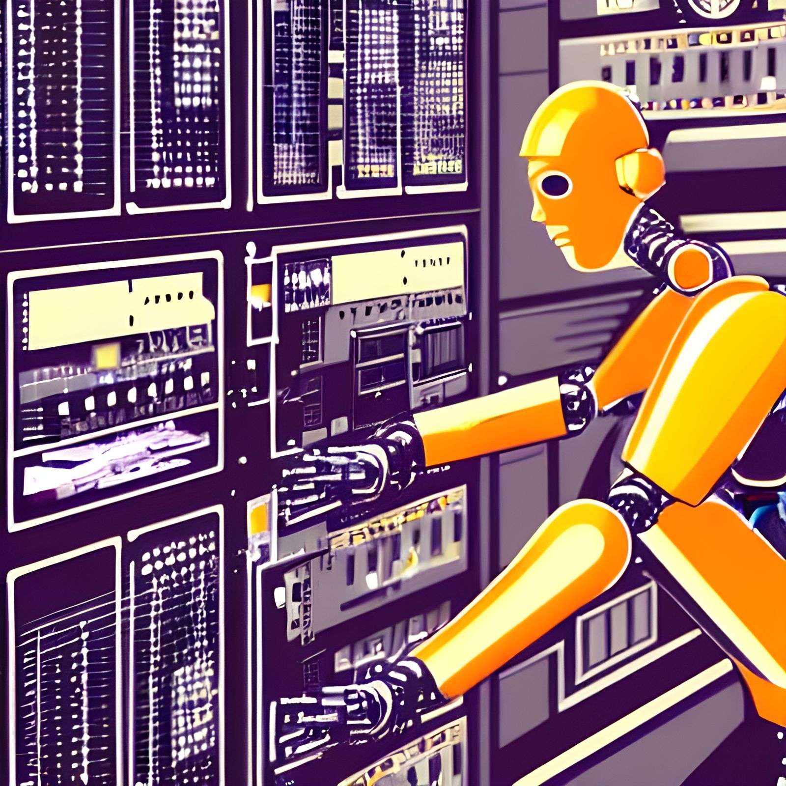 Robots Operate Mainframe in Cassette Futurism Style