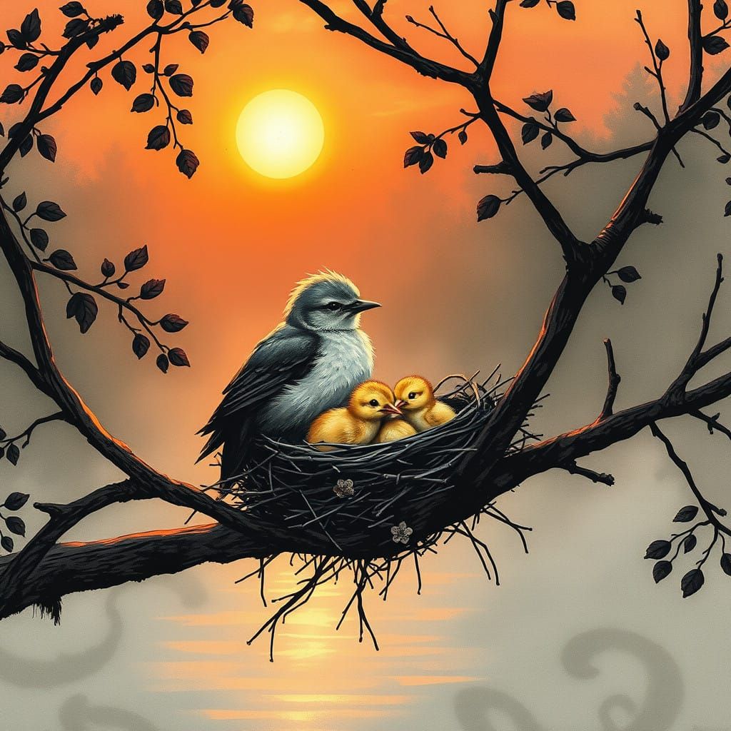 Surreal Tree Scene at Sunset with Mother Bird and Chicks in...