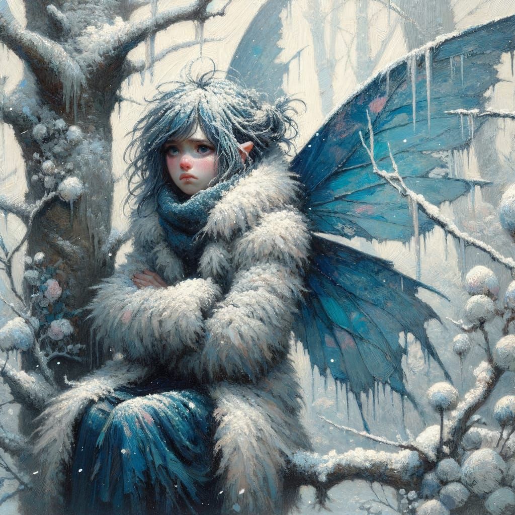 Annoyed Fairy in Snowy Tree, 1800s Fantasy Art Style