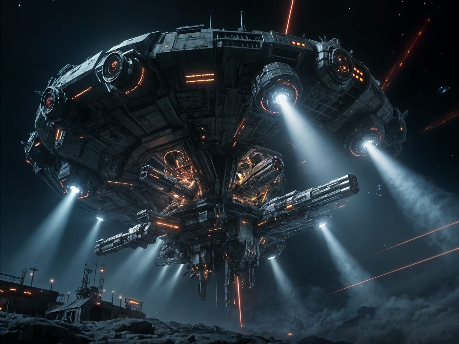 The mother ship lights up with bright and ominous dread