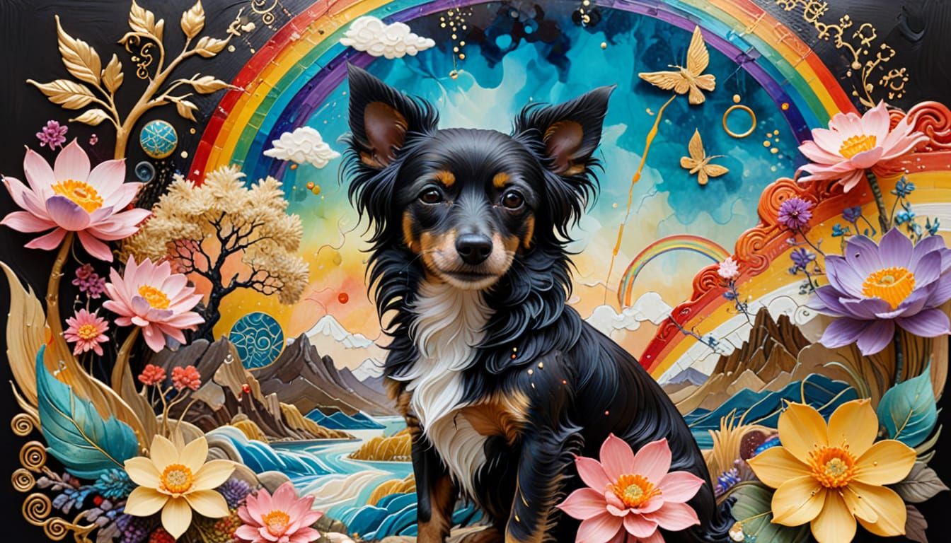 Surreal Dog and Duckling in Kintsugi Style