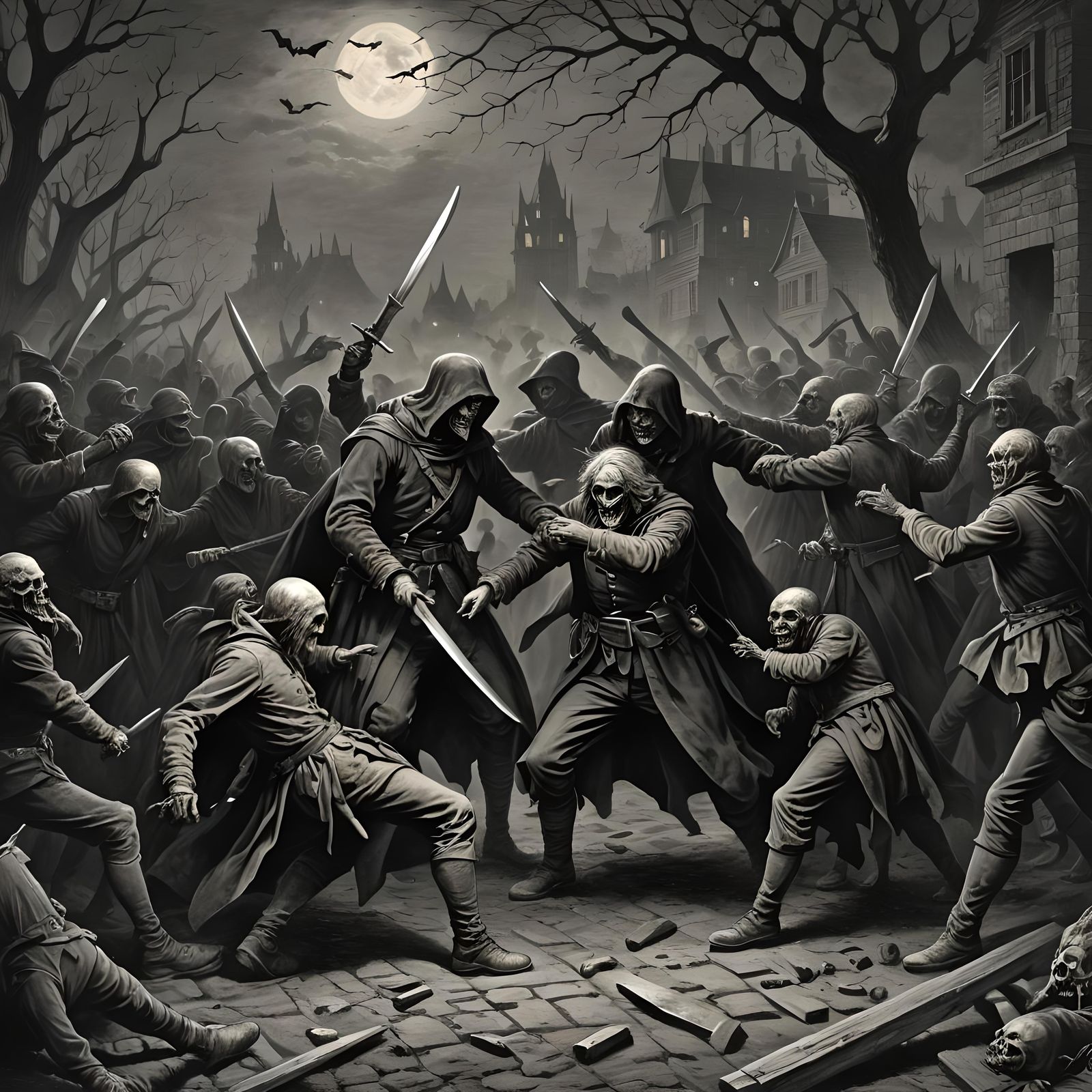 Halloween Night Knife Fight in Dramatic Horror Style