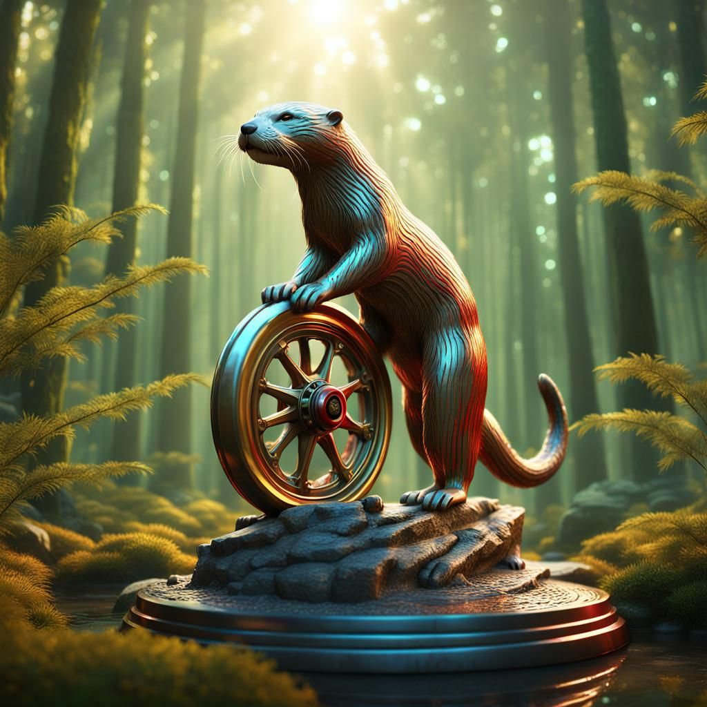 Shiny Silver and Gold Otter Sculpture with Wheel
