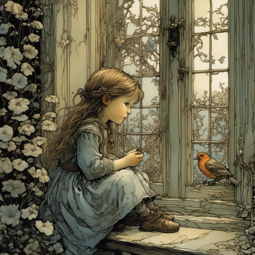 Girl, Bird, and Window: Fairytale Illustration