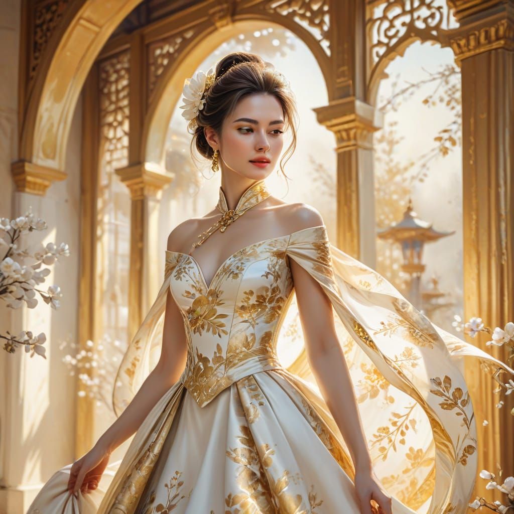 Lady in Gold Gown in Watercolor Style