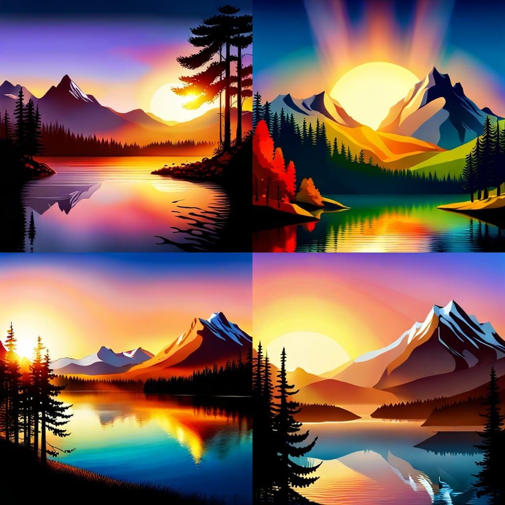 Colorful Sunset Over Mountain Lake: Digital Art