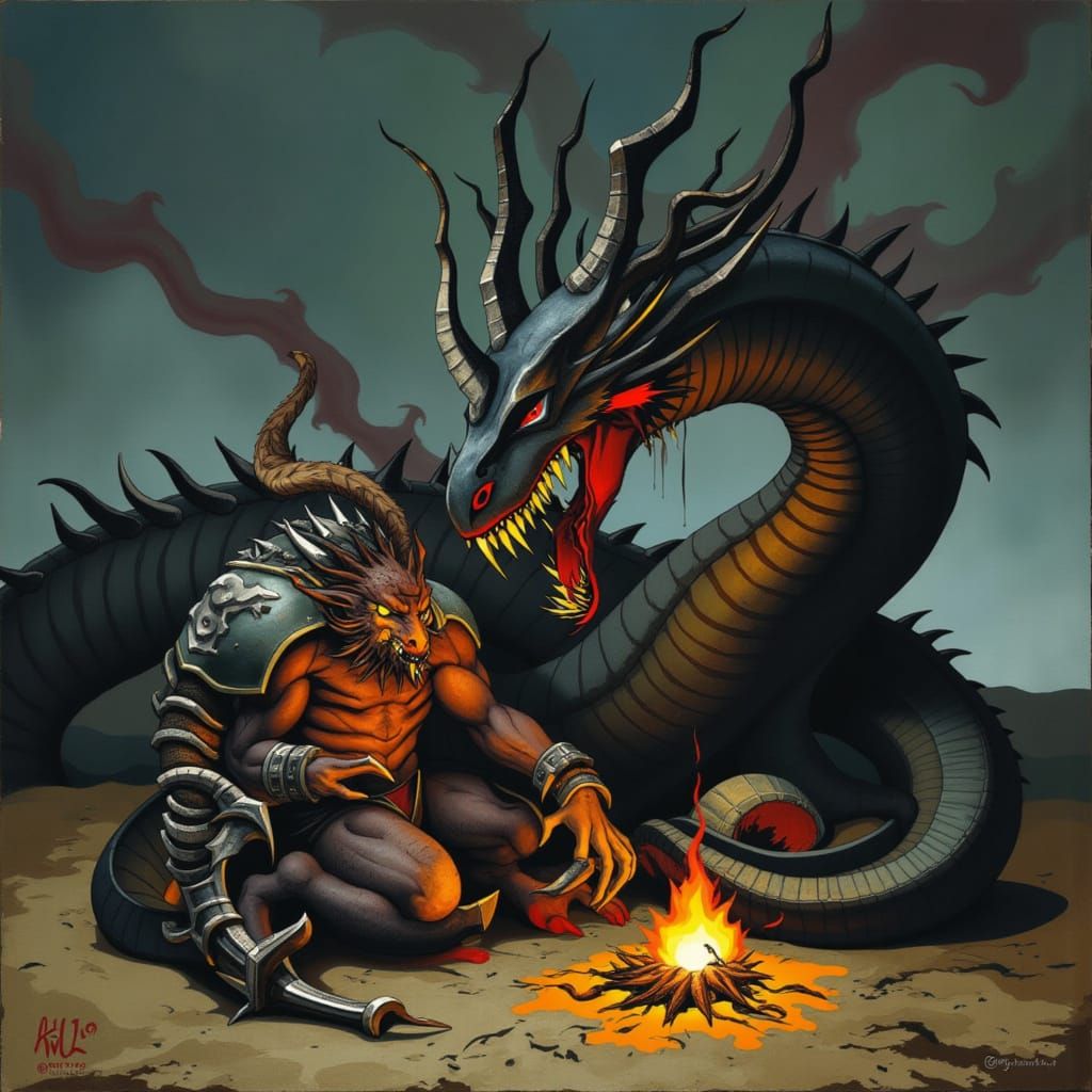 Goblin and Dragon in War-Torn Landscape