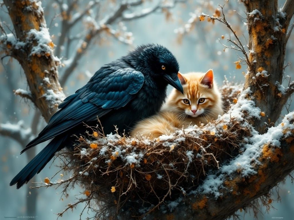 Ethereal Winter Scene: Crow and Cat Plushy in Snowy Nest