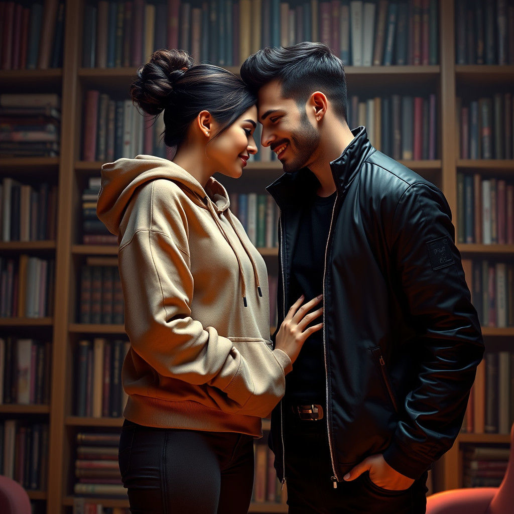 Romantic Couple Embrace in Book-Filled Library