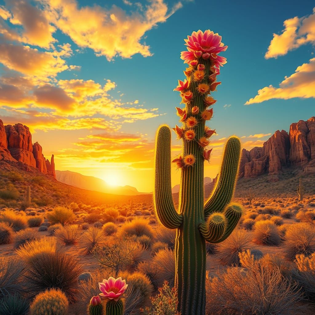 Saguaro Cactus in Arizona Sunset Landscape