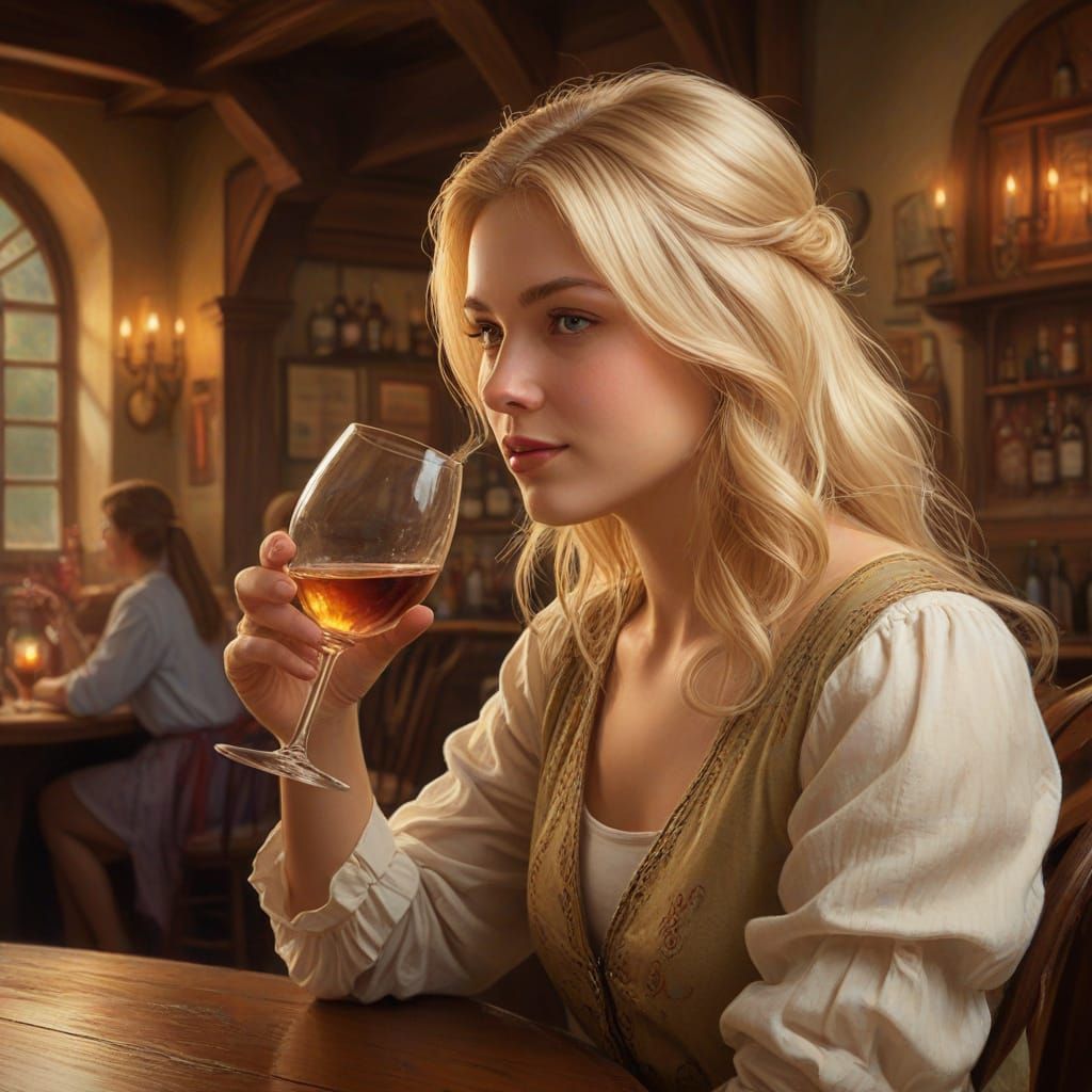 Ethereal Fantasy Woman Drinks Wine in Cozy Tavern