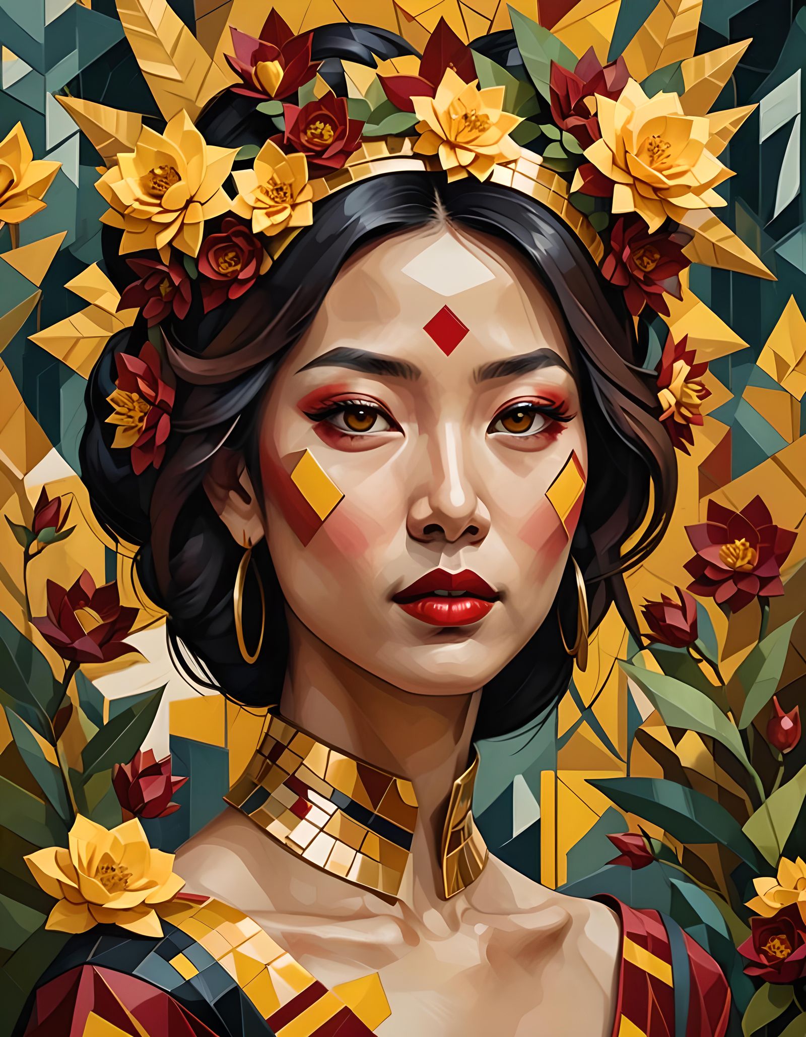 Asian Woman Portrait in Cubist Art Deco Style
