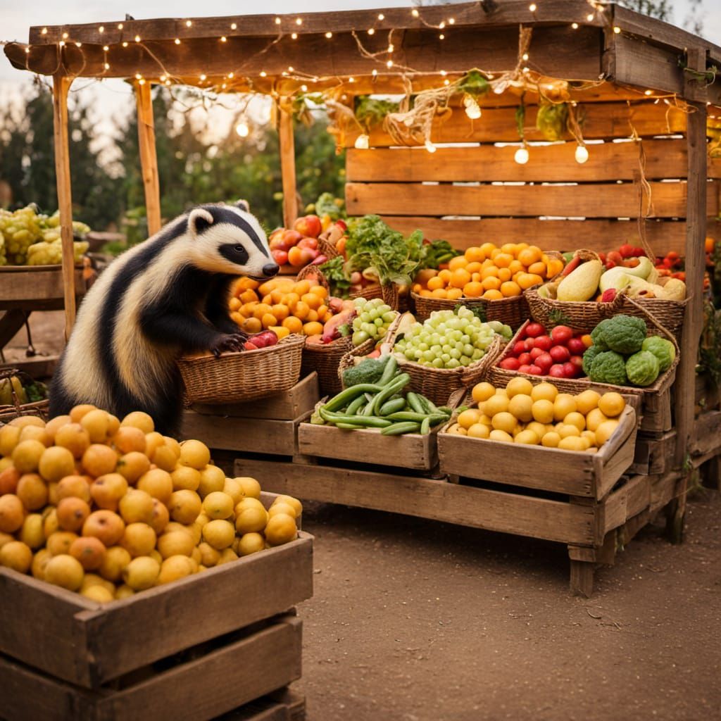 Whimsical Badger's Market in Oil Painting Style