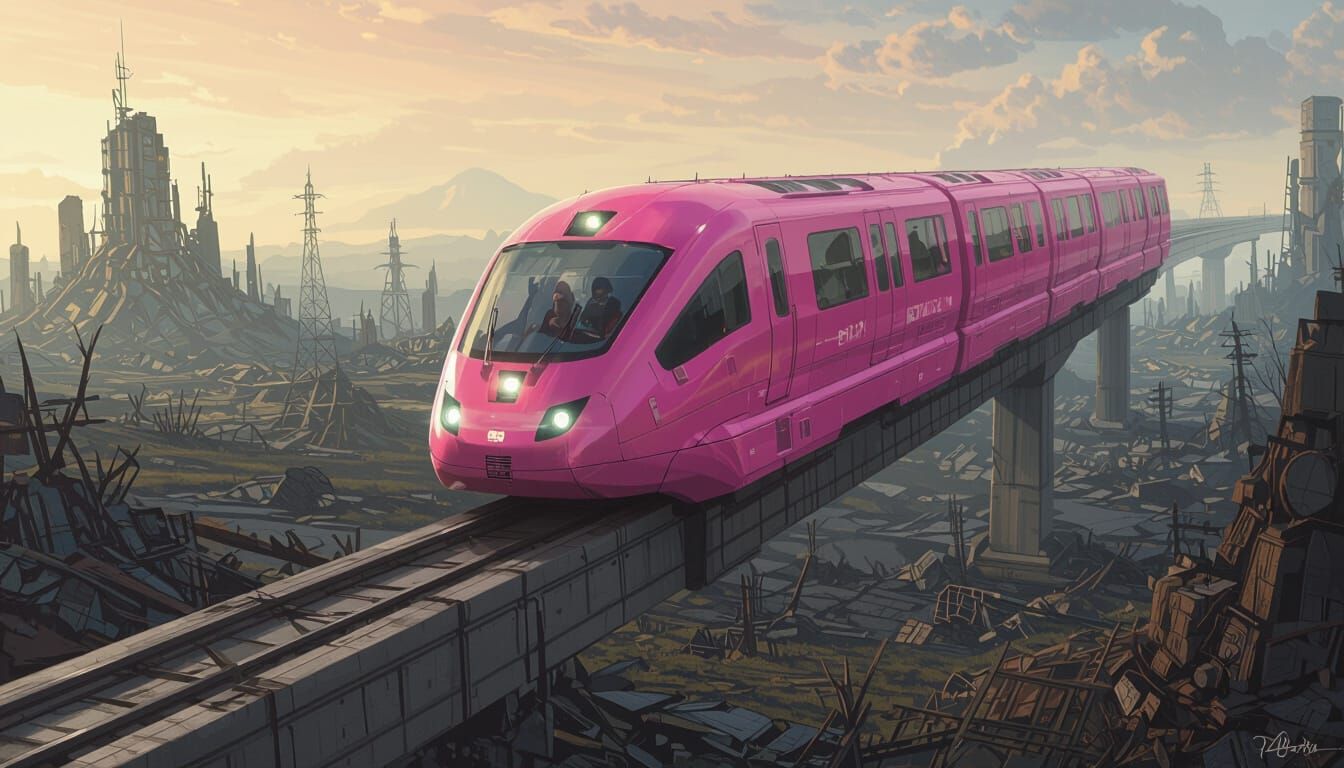 Uncanny Pink Monorail in Post-Apocalyptic Landscape