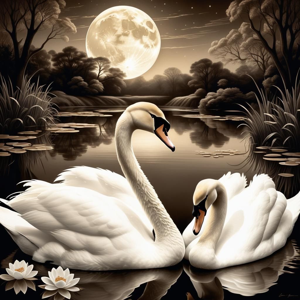 Swans in Moonlit Pool: Vintage Lithographic Print