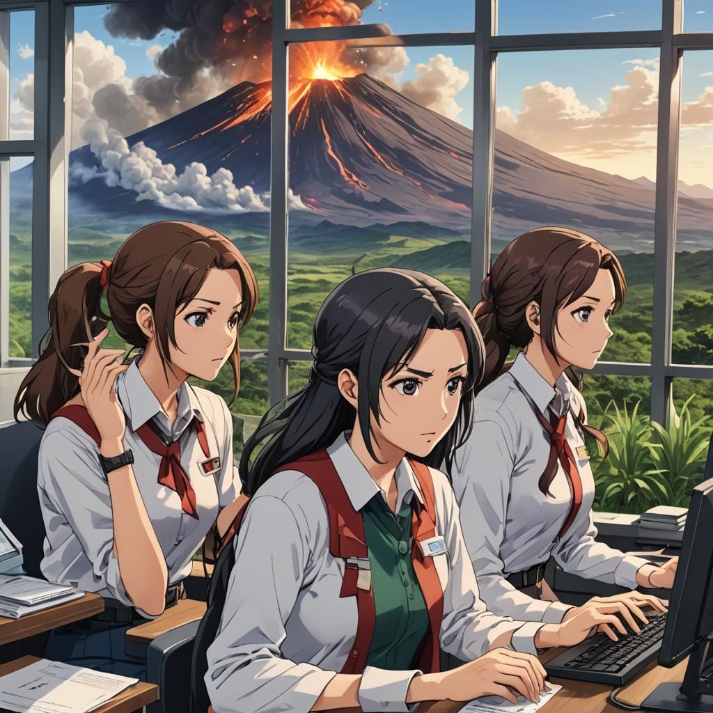 Geologists Concerned by Erupting Volcano: Anime Art