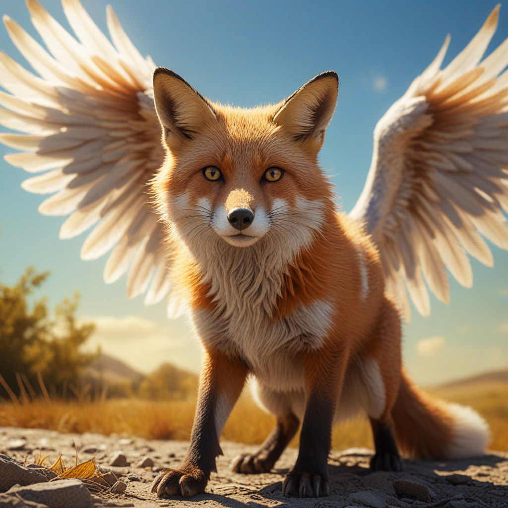 Fox Angel, wings spread welcoming the ghost of a dead fox in the warm summer sun. Epic cinematic brilliant stunning intr...