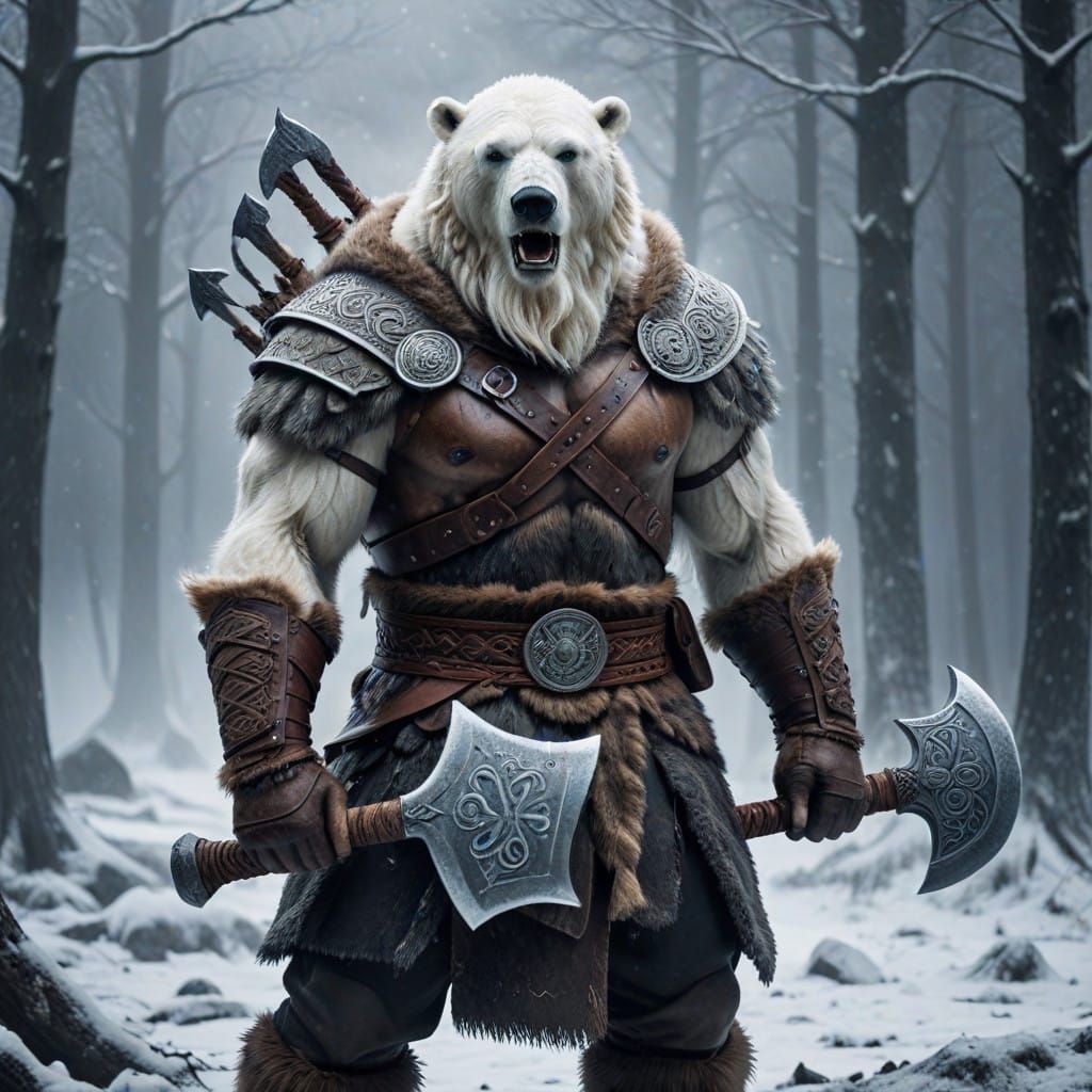 Viking Berserker Polar Bear Warrior in Dark Winter Landscape