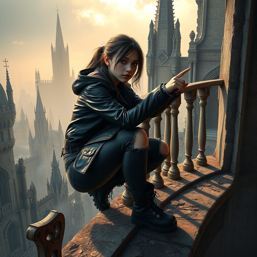 Teenage Rebel Stares Out into a Futuristic Ruin