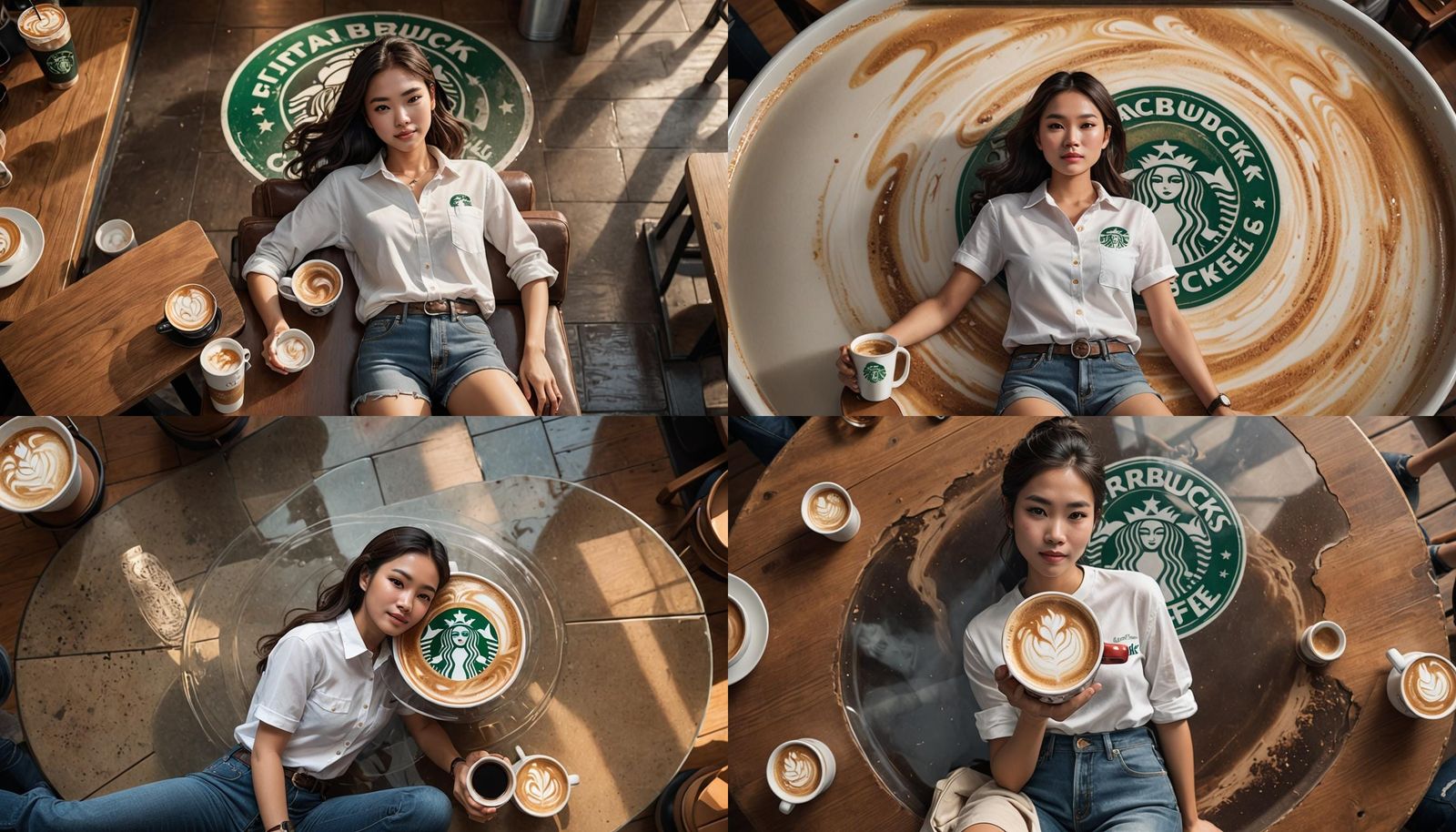 Miniature Woman Relaxing in Coffee Cup, Photorealistic